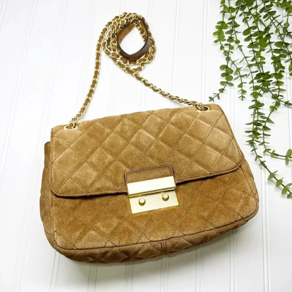 Michael Kors Tan Camel Suede Large Sloan Quilted Leather Shoulder Bag Chain